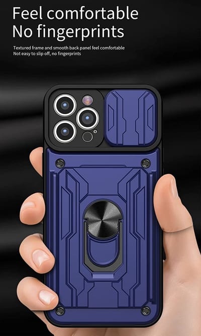 Geschikt voor iPhone 13 Pro hoesje met pashouder - camera bescherming cover en ring houder – Blauw – oTronica
