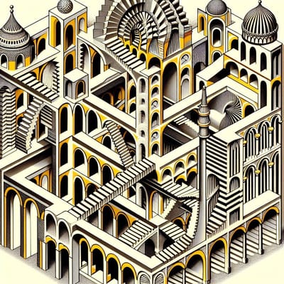 Modern escher schilderij | The Infinite Illusion of Contemporary Geometric Escher Masterpiece | Kunst - 60x60 centimeter op Dibond | Foto op Dibond