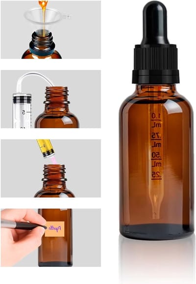 Set van 5 herbruikbare 50ml glazen pipetflessen met trechter en spuit, ideaal voor etherische oliën en druppelverpakkingen