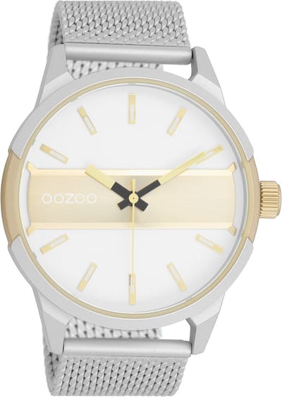 OOZOO Timepieces - Zilverkleurig/champagne horloge met zilverkleurige metalen mesh armband - C11106