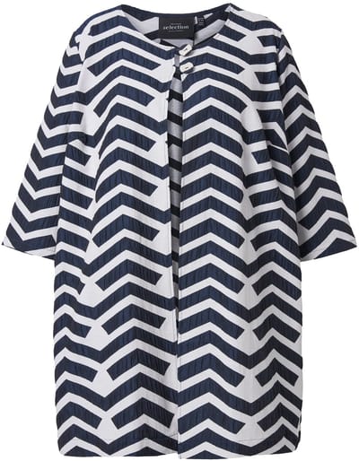 Ulla Popken - Dames - Jas grafisch design ronde hals stolpplooi lange mouwen - Donkermarine - Maat 50+