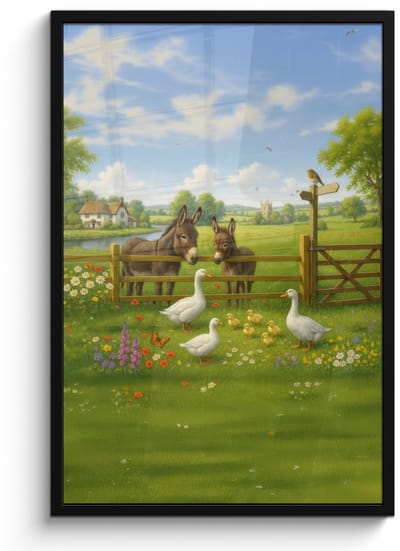 Poster in lijst - Fotolijst 60x90 cm - Posters - Ezels - Ganzen - Kleurrijk - Posterlijst zwart - Decoratie - Wanddecoratie woonkamer - Muurdecoratie slaapkamer