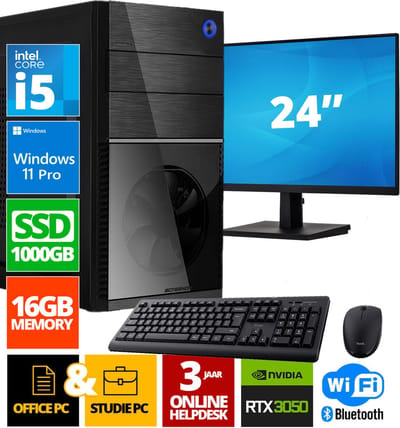 Intel Compleet PC + 24" Monitor + Muis & Toetsenbord | Intel Core i5 | 16 GB DDR4 | 1 TB SSD - NVMe | RTX 3050 | Windows 11 Pro + WiFi & Bluetooth