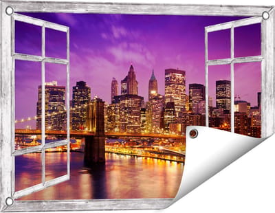 Gards Tuinposter Doorkijk Skyline New York van Centrum in het Paars - 60x40 cm - Tuindoek - Tuindecoratie - Wanddecoratie buiten - Tuinschilderij