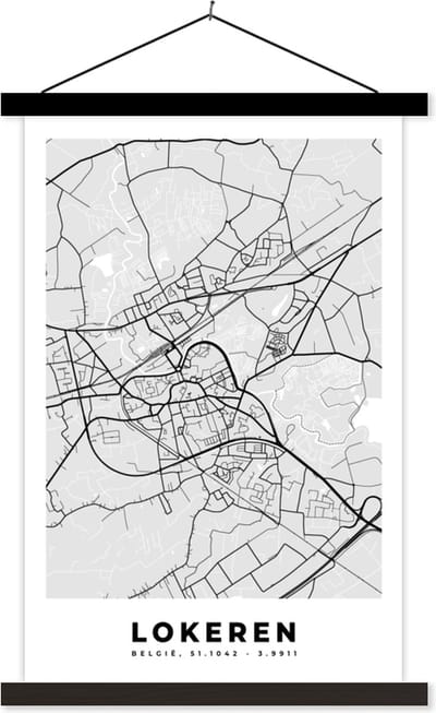 Posterhanger incl. Poster 40x60 cm - Schoolplaat - België – Lokeren – Stadskaart – Kaart – Zwart Wit – Plattegrond - Textielposter - Zwarte latten - Stadskaart
