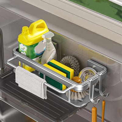 Afwas Organizer met Afvoergedeelte, Verwijderbare Opbergoplossing voor Spons en Doeken, Geen Boren Nodig, Keukenaccessoires voor Efficiënte Afwas