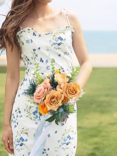 Bruidsmeisjes Boeketten - Bruidsboeket Kunstbloemen - Bruiloft Decoratie - Levensechte Kunstbloemen - 1 stuk - Perzik Oranje Blauw