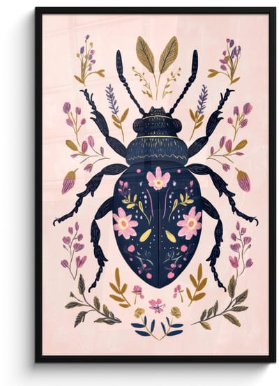 Poster in lijst - Fotolijst 80x120 cm - Posters - Donkerblauw - Kever - Bloemtakken - Sierlijk - Posterlijst zwart - Decoratie - Wanddecoratie woonkamer - Muurdecoratie slaapkamer
