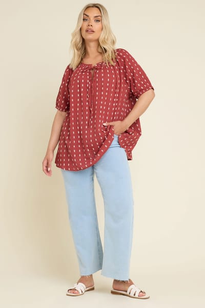 Yours Katoenen Top Met Dobbytextuur En Strikdetail In Roestoranje Size 42