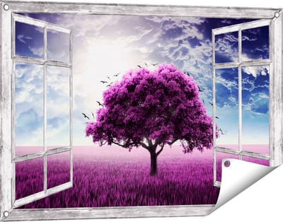 Gards Tuinposter Doorkijk Paarse Boom in het Paars Veld met Vogels - 90x60 cm - Tuindoek - Tuindecoratie - Wanddecoratie buiten - Tuinschilderij