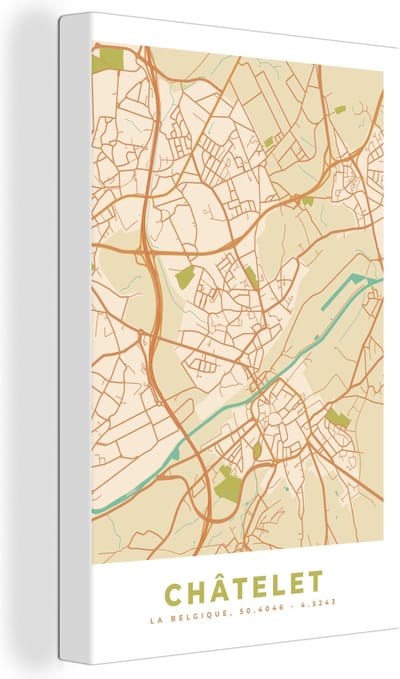 Canvas Schilderij Kaart - Stadskaart - Châtelet - België - Plattegrond. - 20x30 cm - Wanddecoratie