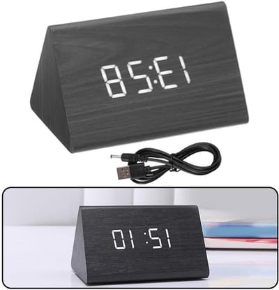 Houten Wekker - Digitale Klok - Wakker Worden - Instelbare Helderheid - 120x70x80mm - Zwart