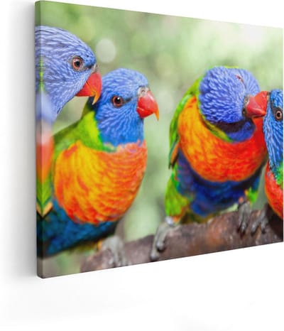 Artaza Canvas Schilderij Vogels Op Tak - 50x40 cm - Wanddecoratie Papegaaien - Muurdecoratie Dieren - Kamer Accessoires