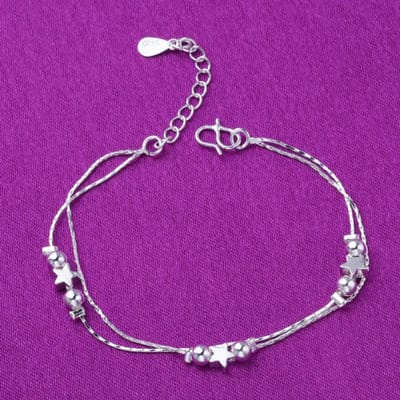 Bracelets et Joncs Charms en Argent Sterling 925 Perles Rondes Étoiles Double Couche Cheville Pour Femmes Bijoux de Fête de Mariage A176 purple