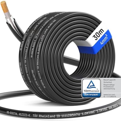Zonnekabel 30 m, 4 mm², TÜV-gecertificeerd, uv-bestendig, flexibel, PV-kabel, puur koper, 1500 V, verlengkabel voor zonnepanelen