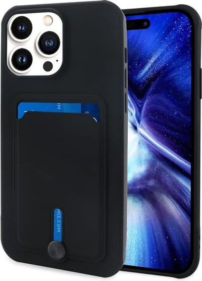 Silicone Hoesje Geschikt voor: iPhone 13 Pro Max - Push-pull Case met Pasjeshouder - TPU Hoes Met Vakje Voor Pasje - Card Case Back Cover - Zwart