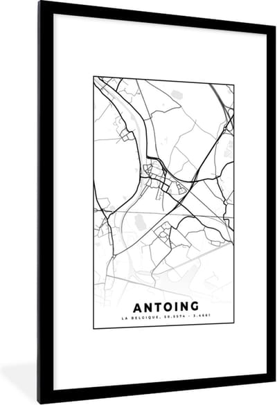 Fotolijst incl. Poster Zwart Wit- Kaart – Plattegrond – Stadskaart – Antoing – België – Zwart Wit - 80x120 cm - Posterlijst