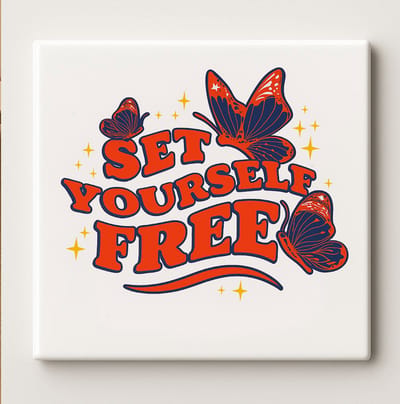Set Yourself Free Keramische Tegel – 15x15cm Inspirerende Vlinder Wanddecoratie voor Thuis, Kantoor & Mindfulness Decoratie