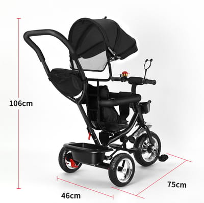 Jently driewieler - driewieler met duwstang - kinderwagen - draaibare zitting - inklapbare luifel - zwart