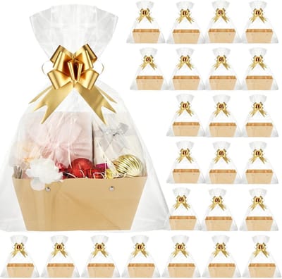 Geschenkmanden - Kraftpapier manden - Cadeaus presenteren - Inclusief zakken strikken - 24 sets - Kaki