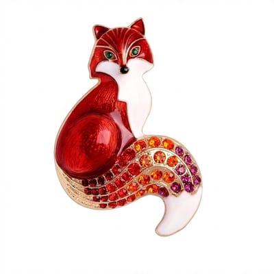 Rode vos broche dames met dierfiguur, goudkleurige afwerking en strass accenten, decoratieve broche als speld met gekleurde stenen en emaille look detail geschikt voor jas, blouse of sjaal