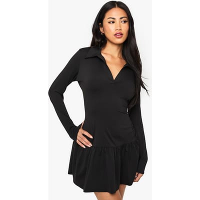 boohoo Dames Mini-jurk met kraag, vallende zoom en lange mouwen | Black | Maat: 8
