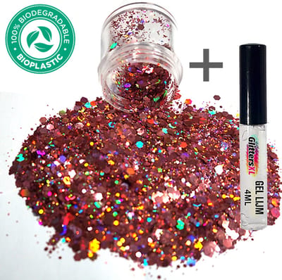 Chunky Festival Glitters (Roségoud) + Glitter Huid Lijm Biologisch Afbreekbaar [Volume 8g - Festival Jewels Glitter Outfit Lichaam en Gezicht - Make-up Diamond Dots Face Body - Diamantjes Strass Steentjes - Kinderen Volwassenen Dames Makeup]
