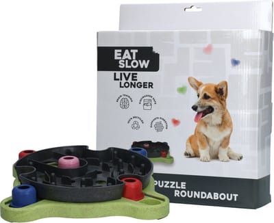 Eat Slow Live Longer Puzzel Roundabout - Uitdagende Hondenpuzzel - Hondenspeelgoed – Beloning – Intelligentie Speelgoed voor Honden – Interactief - Voerbak met Antislipvoetjes – Te vullen met snacks - 27.4 x 8.7 x 31.2 cm