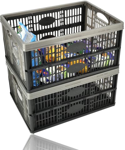 Vouwkrat 32 Liter – Set van 2 – Belastbaar tot 10 KG – Opvouwbare Kratten – Inklapbare Boodschappenkrat – Stapelbaar – 48x35x23 cm – Zwart