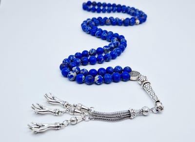 Handgemaakte tesbih "Tasbih" natuursteen " Lapis Lazuli" - Aantal kralen 99 - Diameter kralen 8MM - met metaal tassel "Palm" - Een mooi cadeau-idee