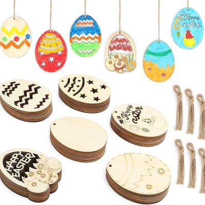 Dailygoods - Youery 24 stuks paaseieren om te beschilderen, paaseieren om op te hangen, houten schijven met gat om op te hangen, voor Pasen, doe-het-zelf kunsthandwerk en kindercadeaus