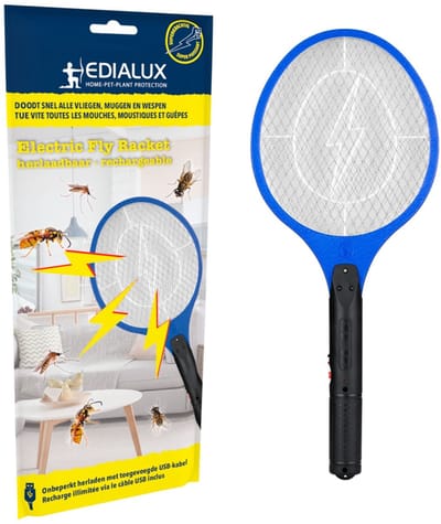 Edialux Elektrisch vliegenracket USB oplaadbaar, krachtige muggenvanger en vliegenmepper, draagbare insectendoder tegen muggen vliegen en wespen, voor binnen en buiten veilig en efficiënt
