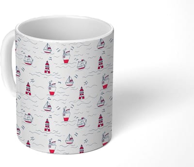 Mok - Koffiemok - Schepen - Vuurtoren - Patronen - Mokken - 350 ML - Beker - Koffiemokken - Theemok