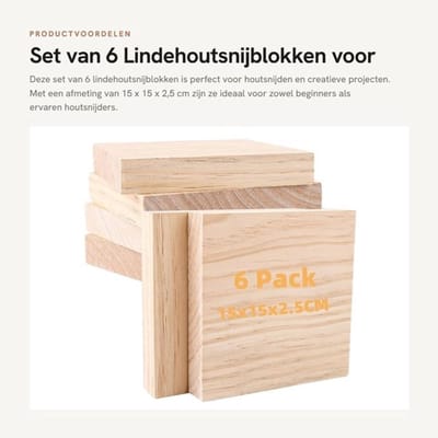 Houtsnijblok Set van 6 - Houten Snijblokken - Grenenhout - 15 x 15 x 2,5 cm - Duurzaam - Onbehandeld - Snijplank