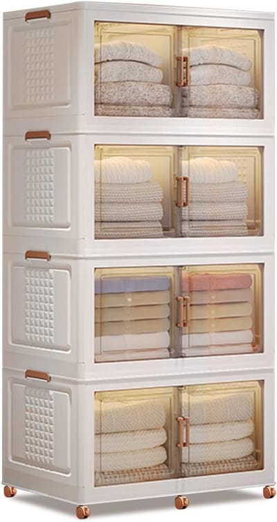 kinderkledingkast-Opvouwbare Opbergkast Scandinavisch-4 Lagen, PP Kunststof Dichte Kast met Transparante Dubbele Deuren en Bronzen Wieltjes,Verrijdbare voor Slaapkamer Badkamer,Wit