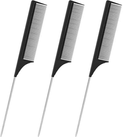 Haar Rattail Kam Set van 3, Fijne Tand Kam voor Teasen, Metaal Haar Pick voor Ontwarren, Hittebestendige Koolstofvezel Tease Kam en RVS Pintail