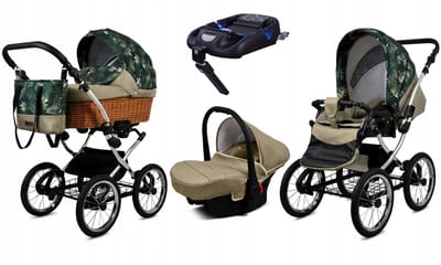 BabyLux® Kinderwagen 4in1 - CLASSIC EXCLUSIVE - FERN LEAF SILVER FRAME - Opklapbare Wandelwagen incl. Reiswieg, Multifunctionele Buggy Sportstoel, Autostoel, ISOFIX basisstation - Combi-kinderwagen met Luiertas, Regenhoes, Klamboe