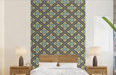 Behang - Fotobehang Design - Ruit - Bloemen - Grijs - Breedte 140 cm x hoogte 220 cm