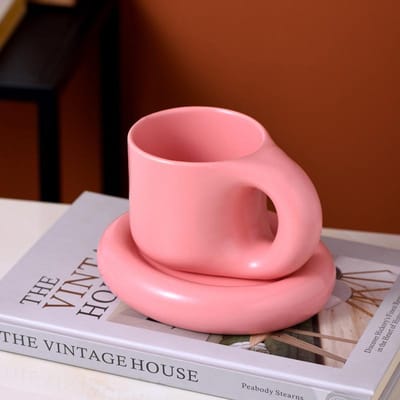 Schattige Mok Dikke Mok Keramische Mok Creatieve Grote Ring Handvat Koppels Koffiemok en Schotel Kantoor Thee Mok 300ml roze