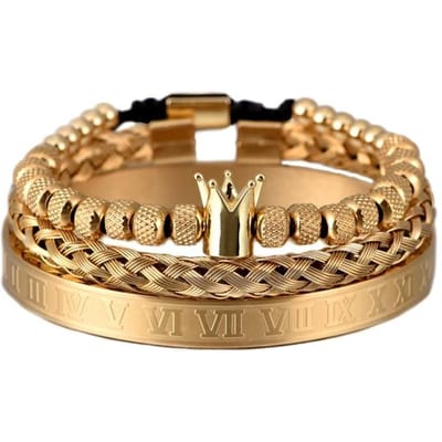 Luxe 3 stuks / Set roestvrijstalen armband Hip Hop Heren sieraden Romeinse cijfers Charm Goudkleurige sieraden voor heren Pulseira Bileklik brown