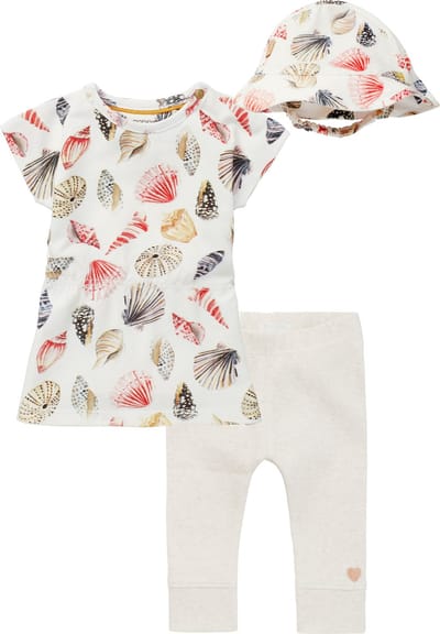 Noppies - kledingset - 3delig - jurk Snow White met sprint -Legging oatmeal - Zonnehoedje met schelpen - Maat 62
