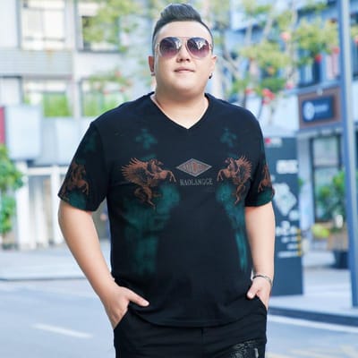 T-shirt d'été ample à col en V pour hommes, pur coton, grande taille, homme gros, tendance, manches courtes, imprimé, t-shirt de fond 195 7XL noir