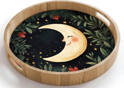 Dienblad rond 40x40 cm - Schootdienblad hout - Maan - Bloemen - Nachthemel - Borrelplank rechthoek - Plateau houten dienbladen