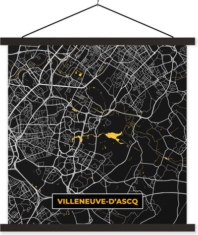 Posterhanger incl. Poster 60x60 cm - Schoolplaat - Villeneuve-d'Ascq – Plattegrond – Frankrijk – Kaart – Stadskaart - Textielposter - Zwarte latten - Stadskaart