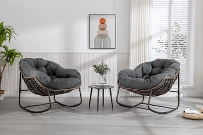 Wishdor Rieten schommelstoel - Extra brede zit - Schommelend ontwerp - Modern - Woonkamer en buiten - Staal en synthetisch riet - Grijs - 78 x 106 x 90 cm