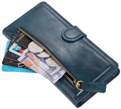 Premium vintage portemonnee hoesje met ritssluiting flip-cover hoes met kaarthoudersleuven Geschikt voor: Apple iPhone 14 Pro - Blauw