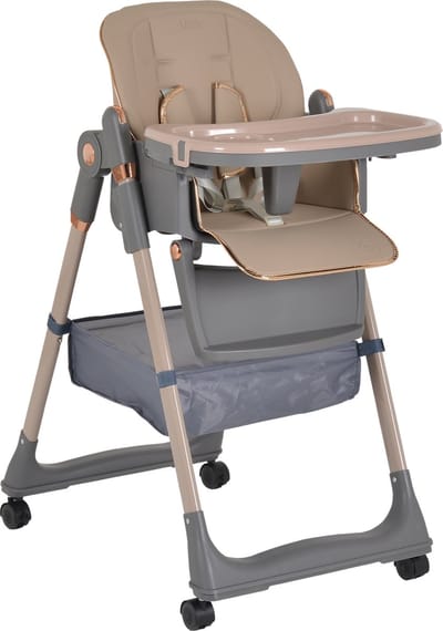 Moni Lindo - Verstelbare Kinderstoel & Eetstoel - Inclusief Slabbetje, Lepel en Vork - Inklapbaar & Hoogte Verstelbaar - Beige - Vanaf 6 Maanden - Max. 15 kg