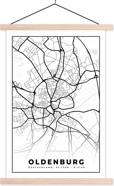 Posterhanger incl. Poster 40x60 cm - Schoolplaat - Kaart - Plattegrond - Stadskaart - Oldenburg - Textielposter - Blanke latten - Stadskaart