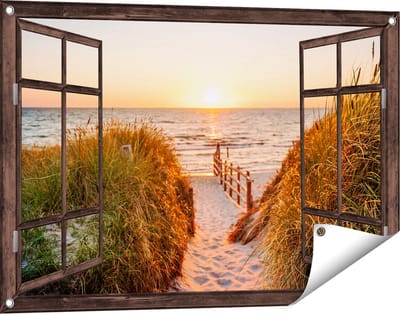 Gards Tuinposter Doorkijk Voetpad in de Duinen met Zonsondergang - 90x60 cm - Tuindoek - Tuindecoratie - Wanddecoratie buiten - Tuinschilderij
