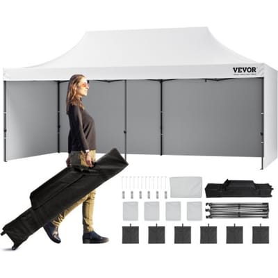 VEVOR Pavilion 304,8 x 609,6 x 320 cm Tuintent 500D PU Zilveren Stof Opvouwbare Paviljoen Hoogte Verstelbaar Inclusief Opbergtas Partytent 12-16 Personen Pop-up Tent Tuinpaviljoen voor Kampeertrip